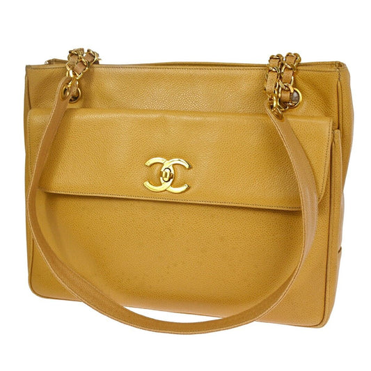 CHANEL CC Logo Chain Shoulder Bag Caviar Skin Leather Beige GHW Vintage 330RH771