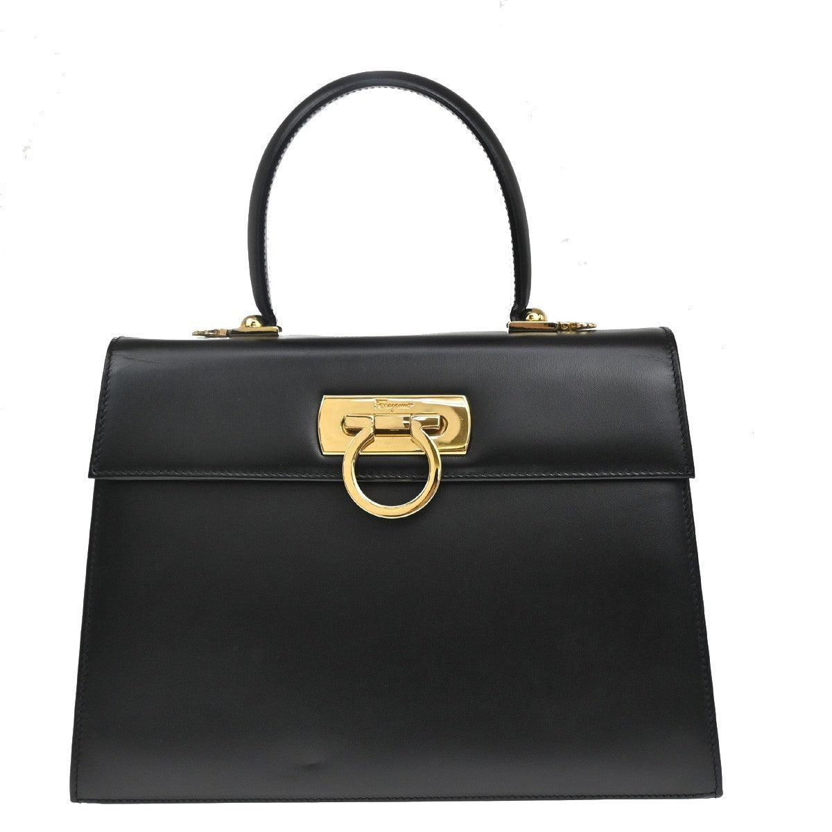 SALVATORE FERRAGAMO Logo Gancini 2WAY Hand Bag Leather Black GHW Italy 77RL504