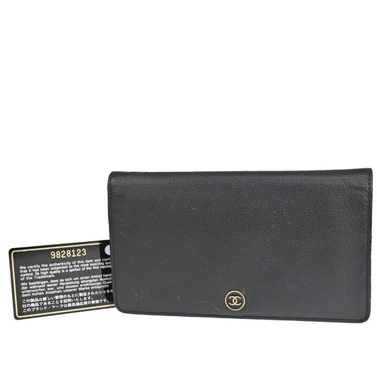CHANEL CC Logo Long Bifold Wallet Purse Leather Black Gold Italy 66FA381