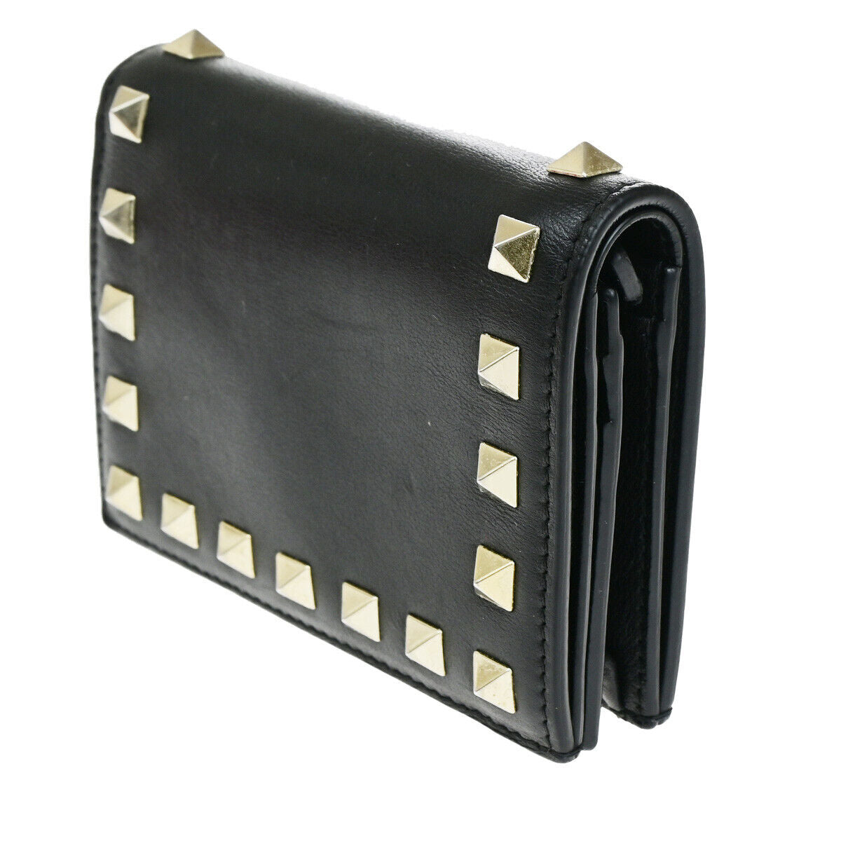 VALENTINO Logo Studs Compact Bifold Wallet Purse Leather Black GHW Italy 69YF968