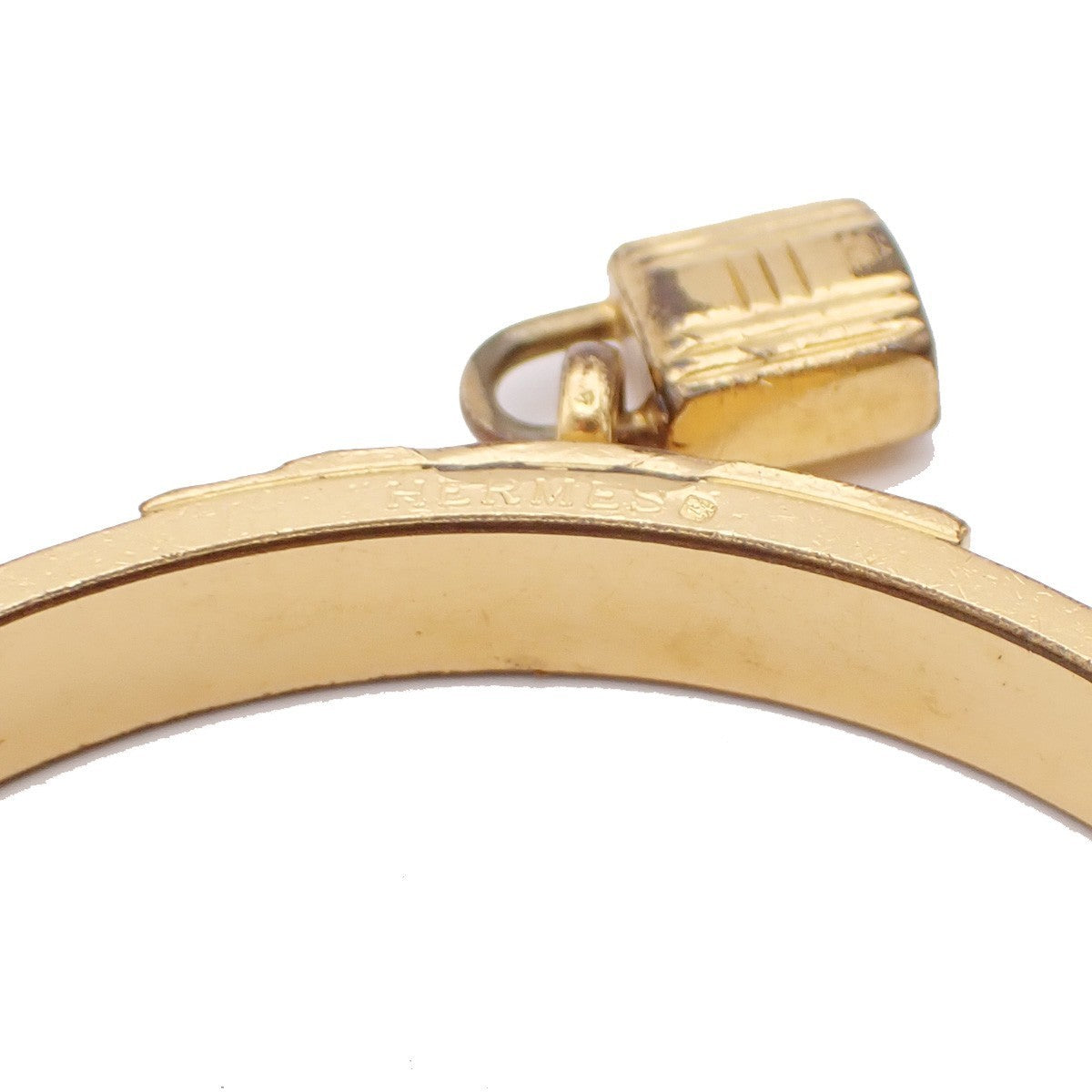 HERMES Logo Kelly Charm Bangle Bracelet Embossing Leather Green Gold 62KP350