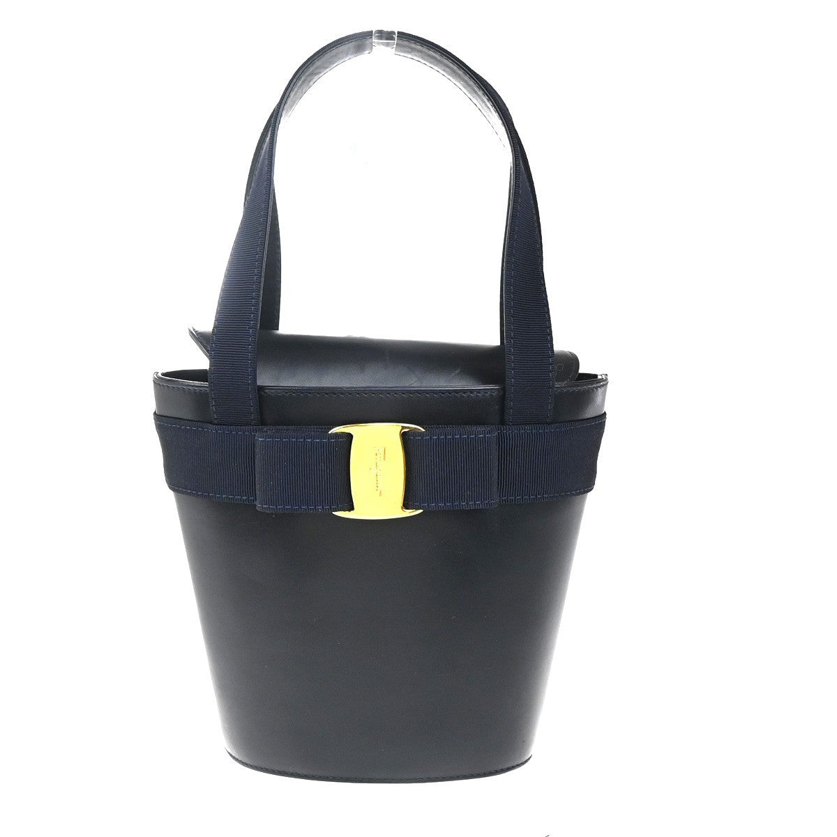 SALVATORE FERRAGAMO Logo Vara Hand Bag Leather Canvas Navy Blue GHW 80EG283