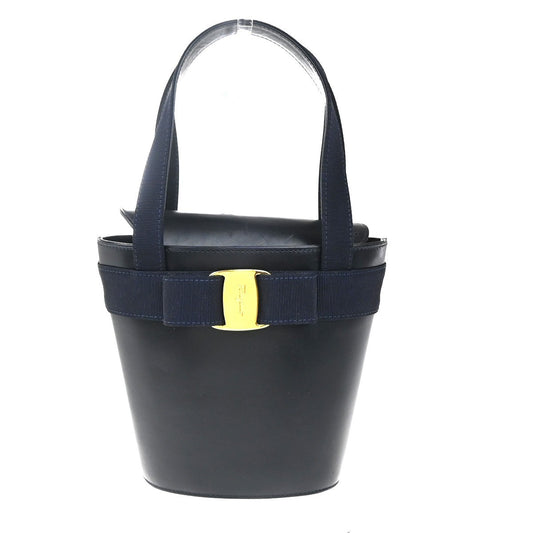 SALVATORE FERRAGAMO Logo Vara Hand Bag Leather Canvas Navy Blue GHW 80EG283