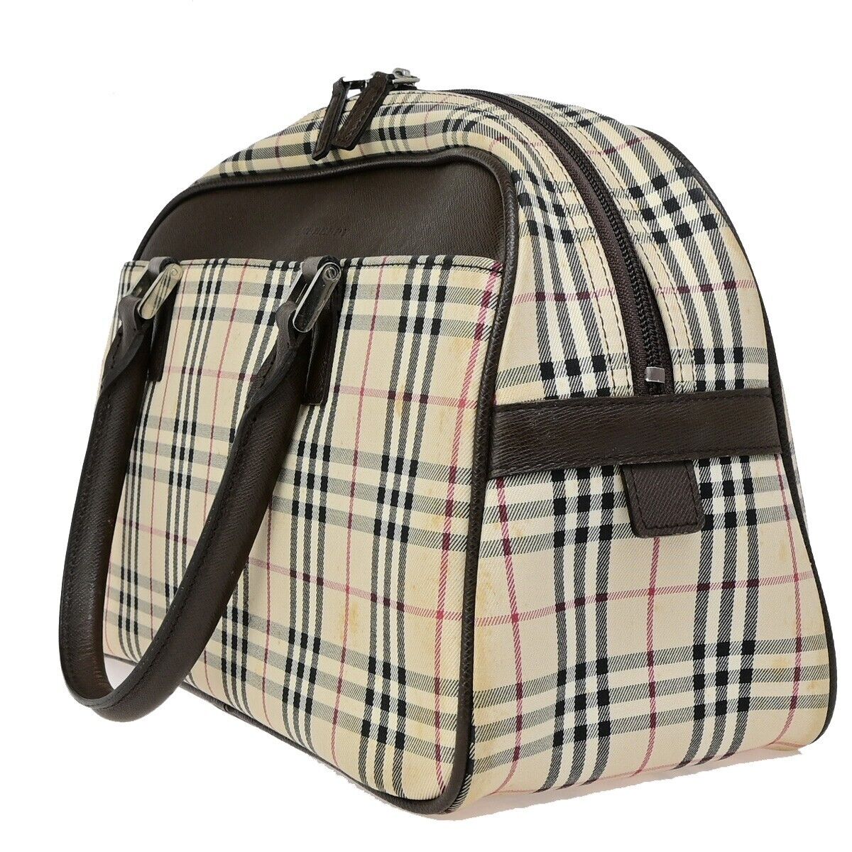 BURBERRY Logo Nova Check Hand Bag Canvas Leather Beige Brown Silver 63KA488