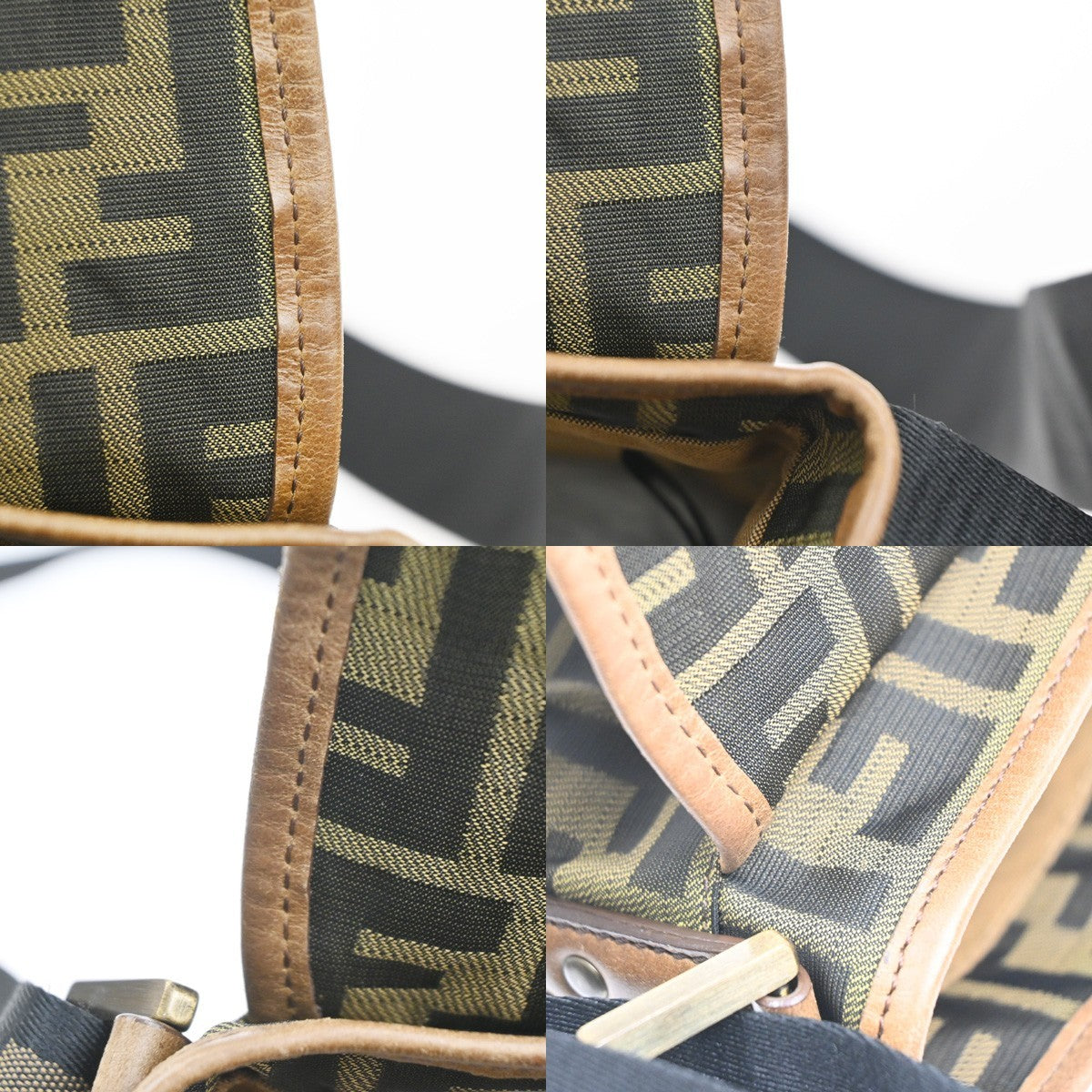 FENDI FF Logo Zucca Pattern Shoulder Bag Canvas Leather Khaki GHW Italy 71MA559