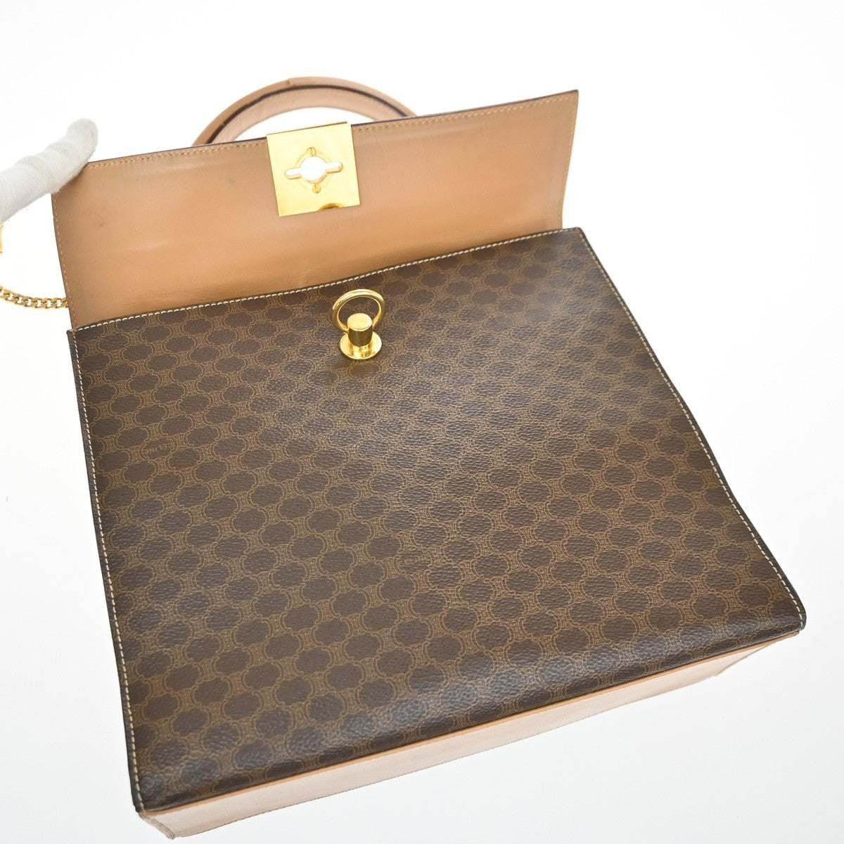 CELINE Logo Macadam Pattern Hand Bag PVC Leather Brown Beige GHW Italy 35MA546
