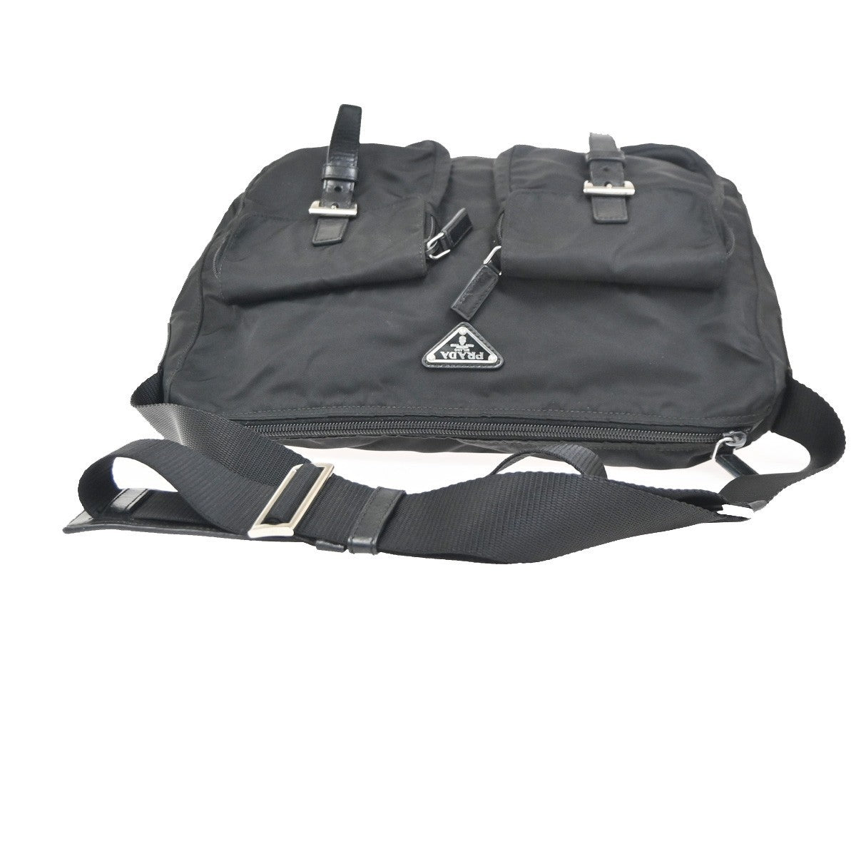 PRADA MILANO Tessuto Plate Messenger Bag Nylon Leather Black SHW Italy 02ZA370