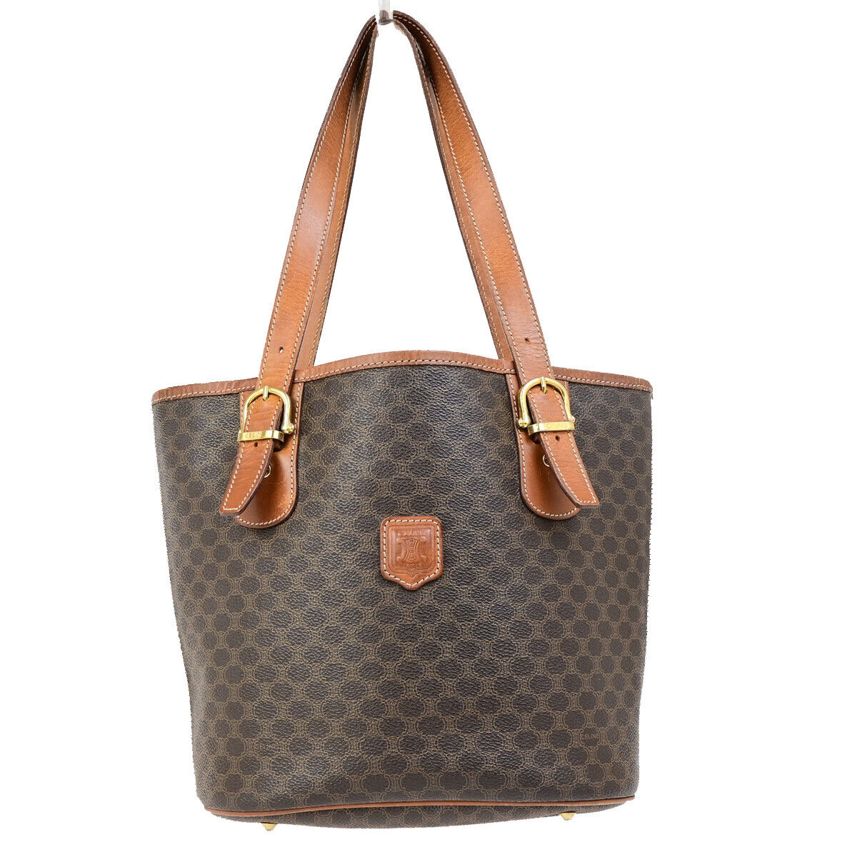 CELINE Logo Macadam Pattern Shoulder Tote Bag PVC Leather Brown GHW 67YG537