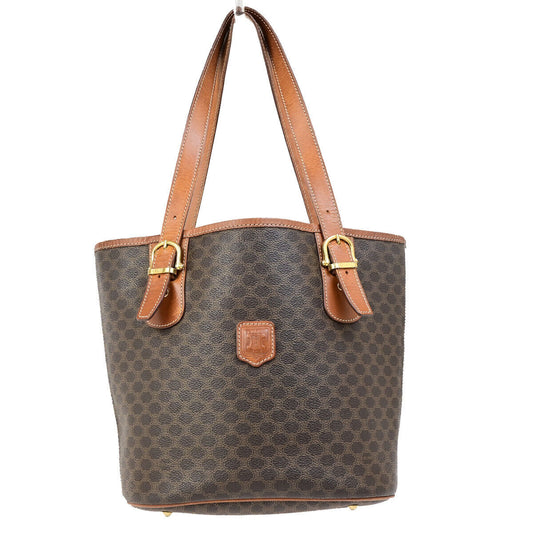 CELINE Logo Macadam Pattern Shoulder Tote Bag PVC Leather Brown GHW 67YG537