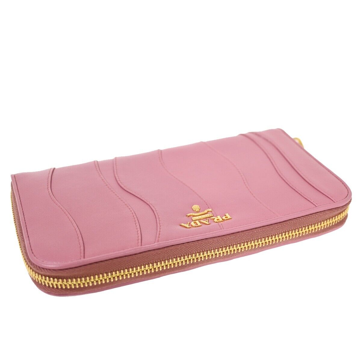 PRADA Logo Long Zip Wallet Nappa Stripes Leather Camelia Pink Gold Italy 82SH690