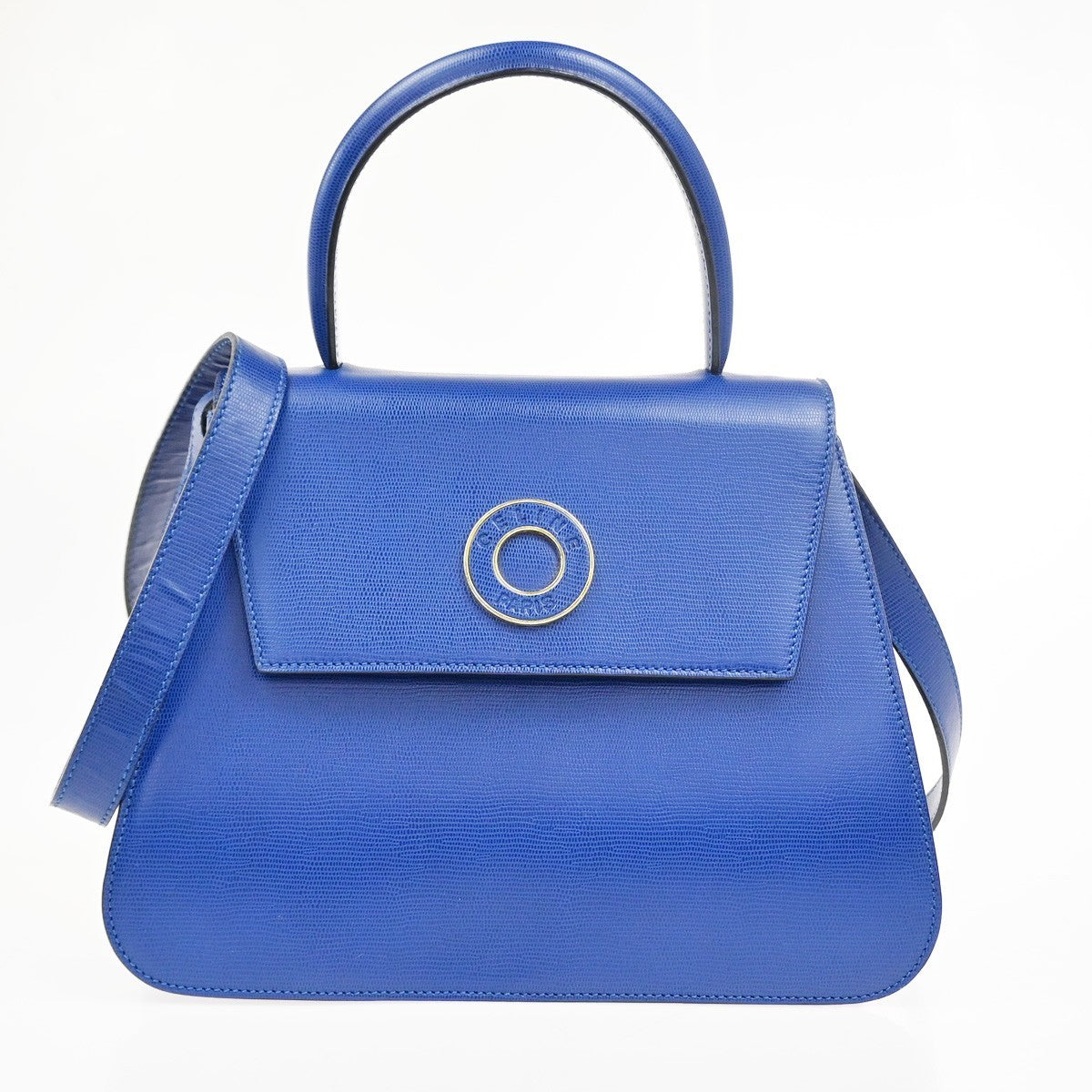 CELINE Circle Logo Shoulder Hand Bag Embossing Leather Blue GHW Italy 70RQ044