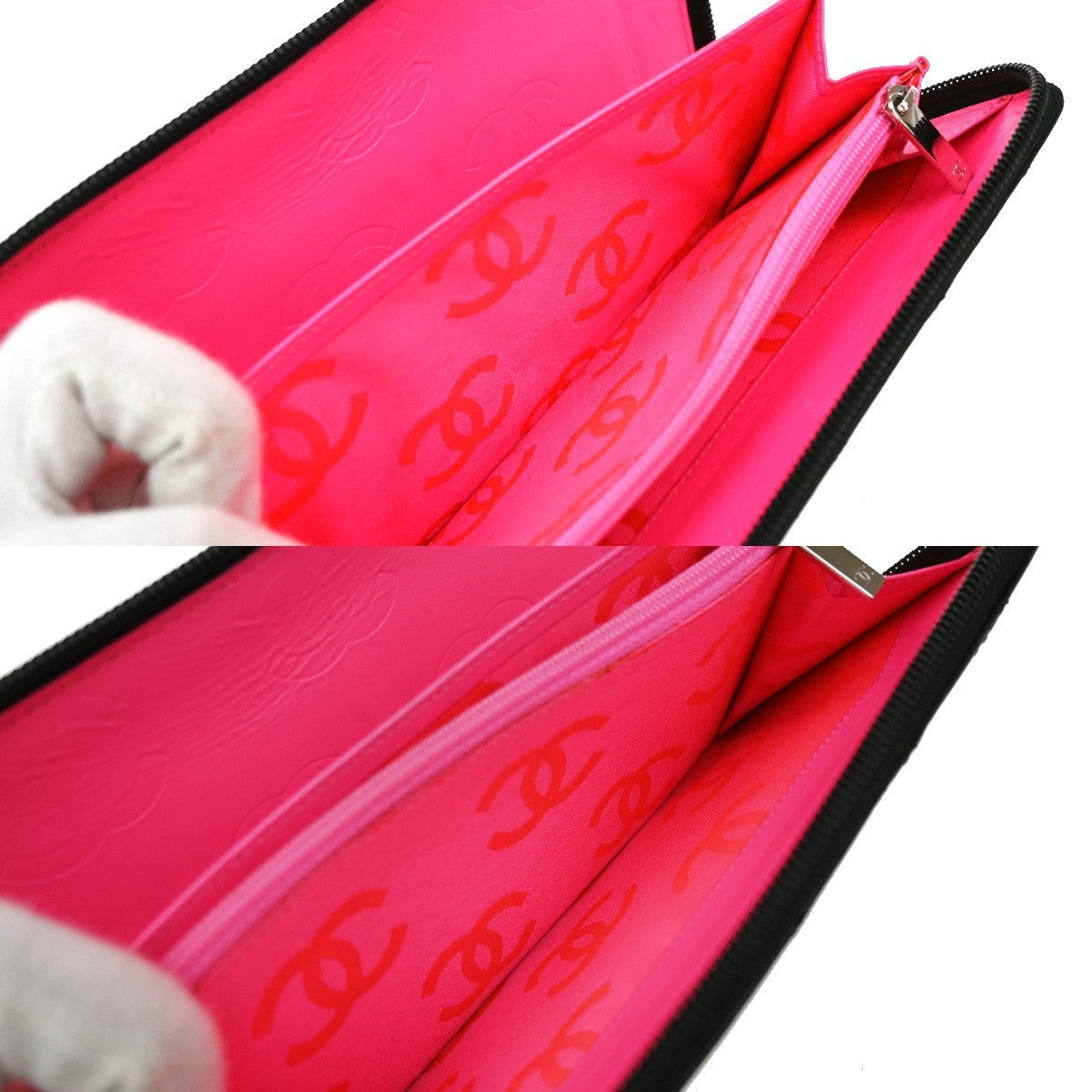 CHANEL CC Logo Cambon Long Bifold Wallet Patent Leather Black Pink Italy 16RF779