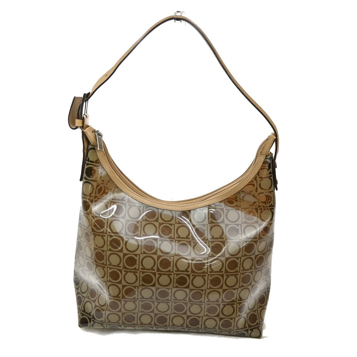 SALVATORE FERRAGAMO Logo Shoulder Bag Vinyl Leather Brown Clear SHW 04TA442