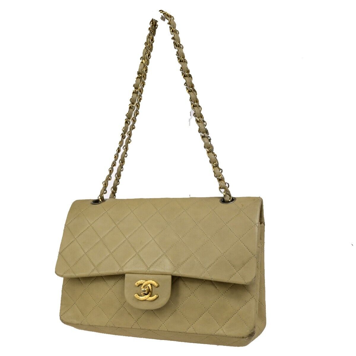 CHANEL CC Matelasse 25 Double Flap Chain Shoulder Bag Leather Beige GHW 636FB329