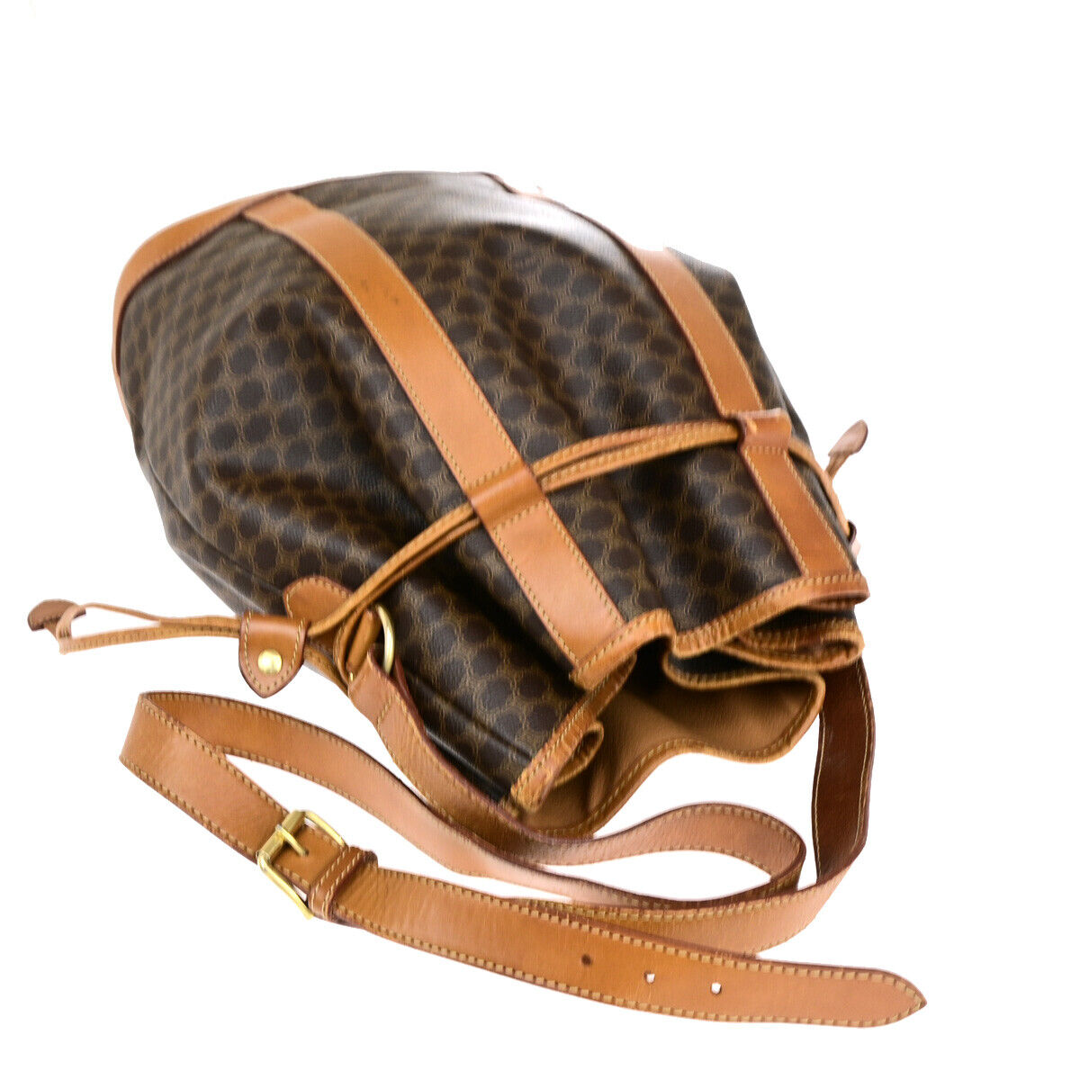 CELINE Logo Macadam Pattern Drawstring Shoulder Bag PVC Leather Brown 66YF091