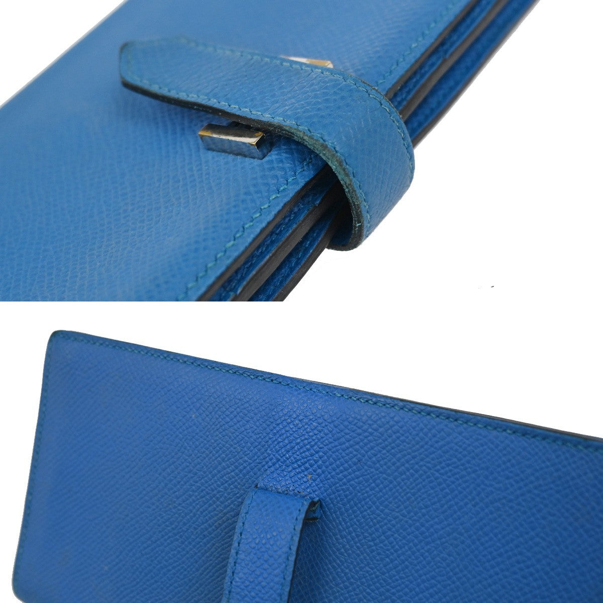 HERMES Logo Bearn Long Bifold Wallet Purse Epson Leather Blue SHW 65RQ023