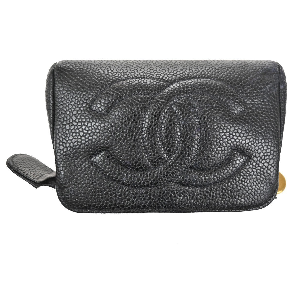 CHANEL CC Pouch Grained Calfskin Leather Black Gold Italy 34TA373