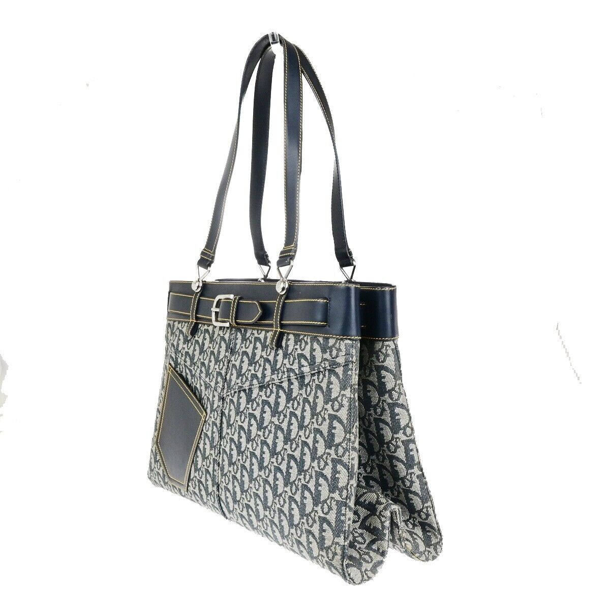 CHRISTIAN DIOR Trotter Pattern Shoulder Bag Canvas Leather Navy Blue 77ED282