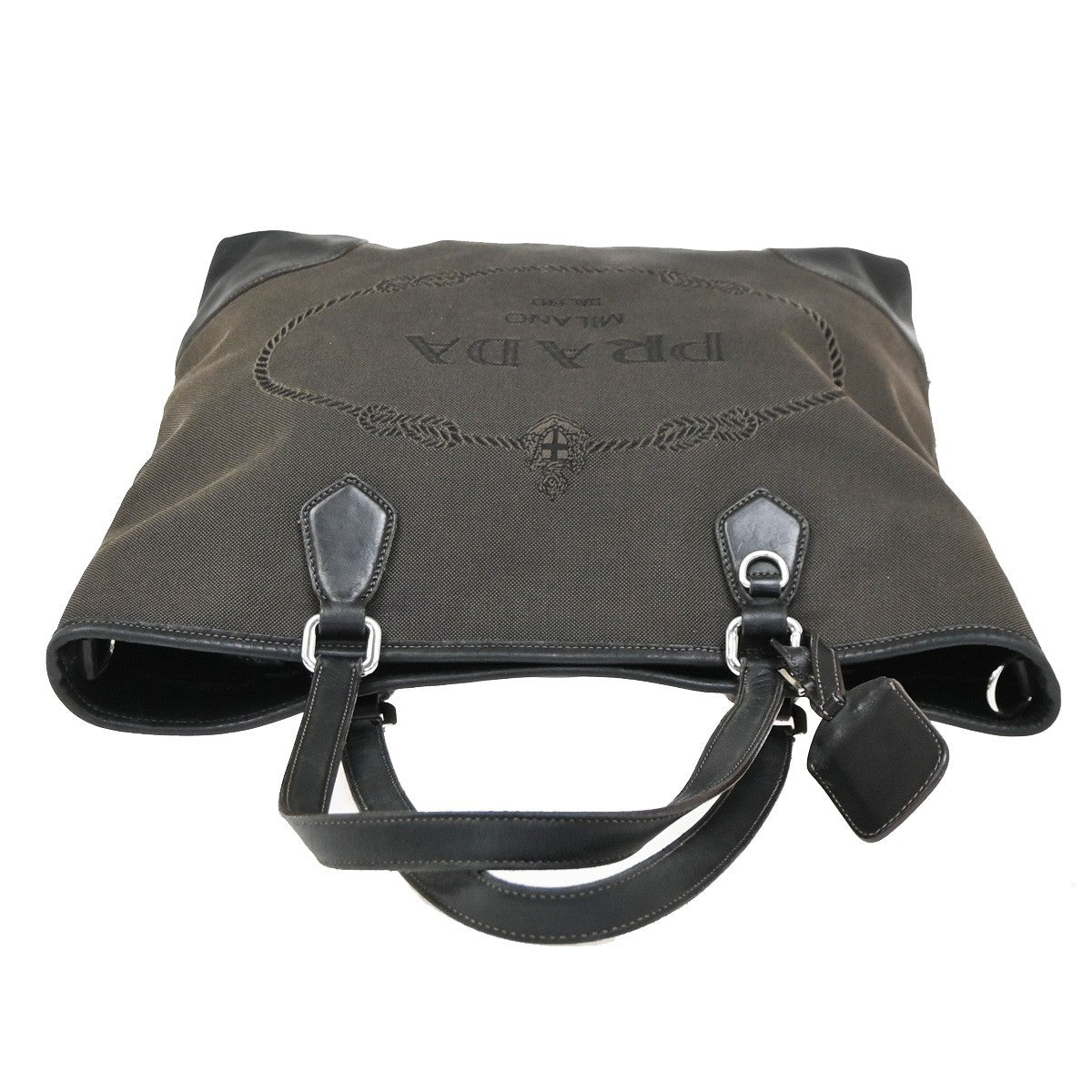 PRADA Logo Jacquard Shoulder Hand Bag Canvas Leather Brown Black GHW 64ZA263