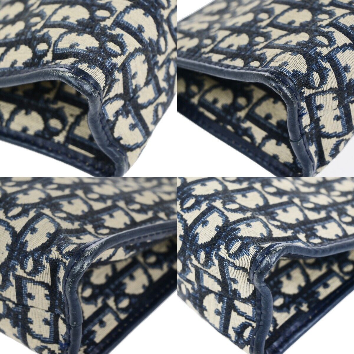 CHRISTIAN DIOR Logo Trotter Pattern Pouch Canvas Leather Navy Blue 01EC871