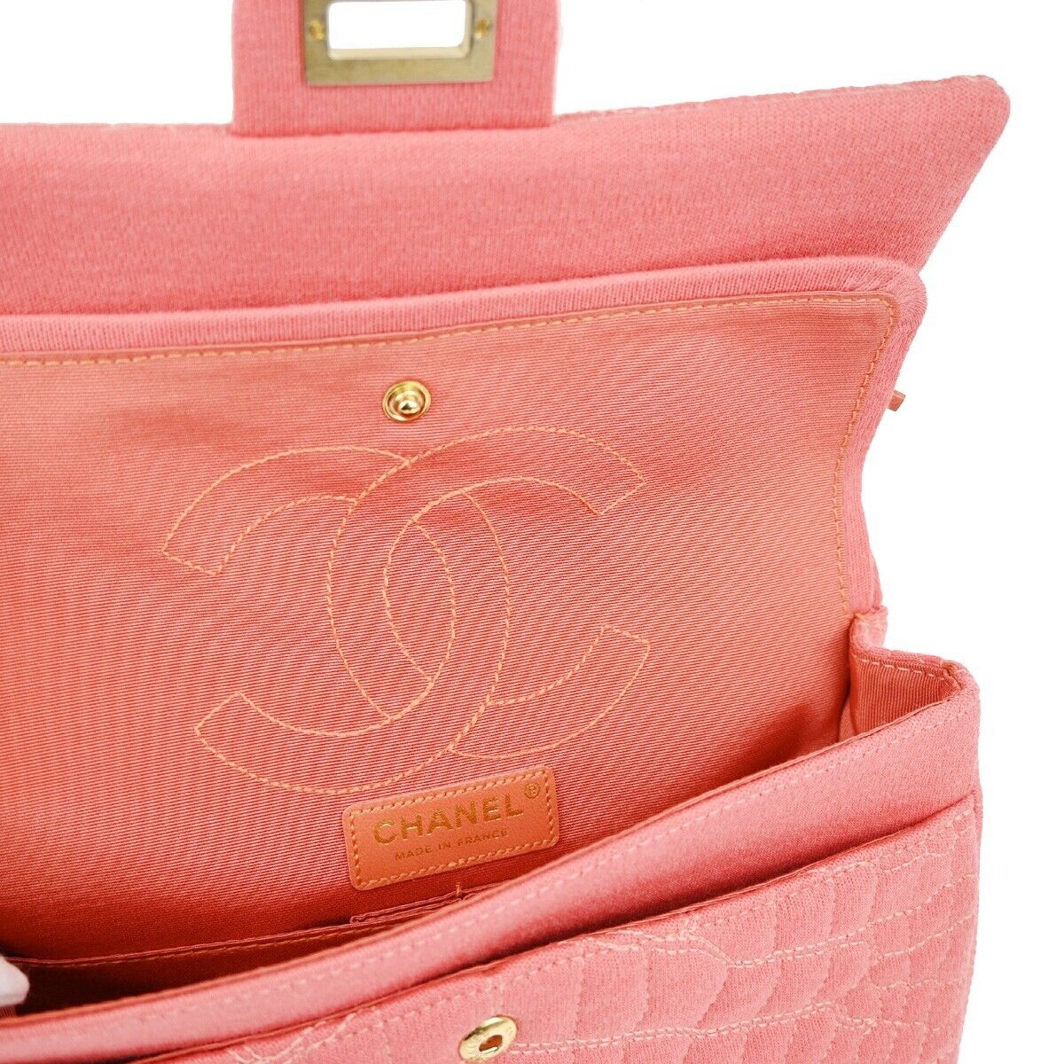 CHANEL Logo 2.55 Double Flap Chain Shoulder Bag Canvas Leather Pink GHW 314RJ738