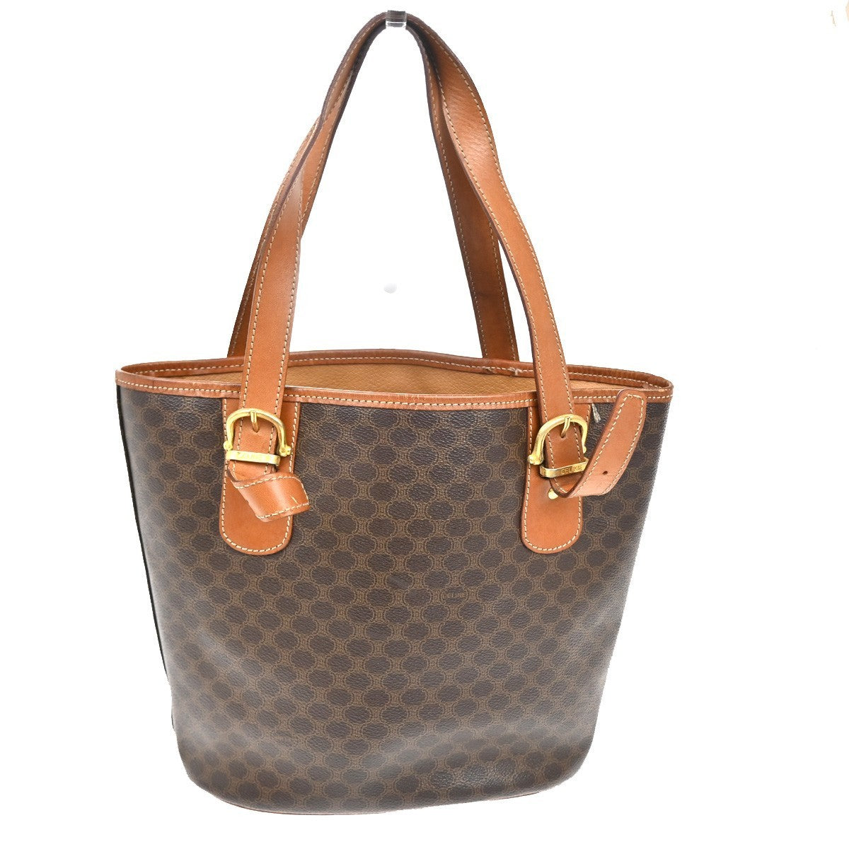 CELINE Logo Macadam Pattern Shoulder Tote Bag PVC Leather Brown GHW 33KC141