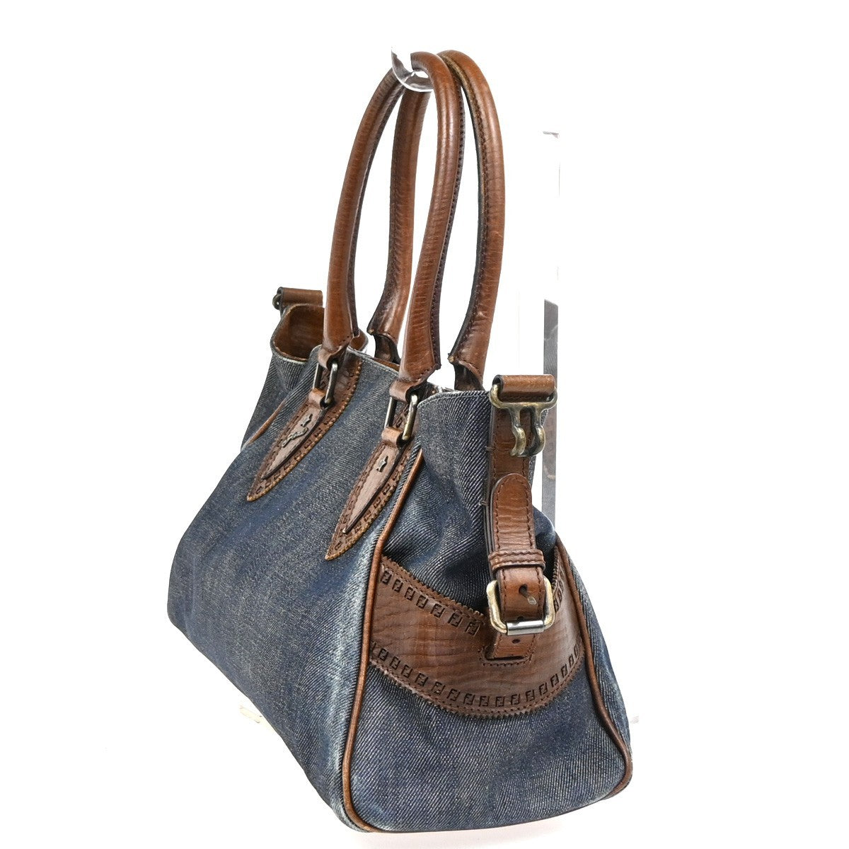 FENDI Logo Etnico Shoulder Hand Bag Denim Leather Blue Brown GHW Italy 87ZA254