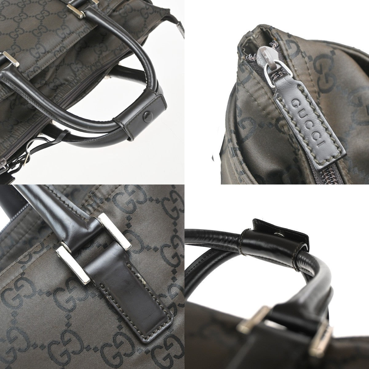 GUCCI Logo GG Pattern Hand Bag Nylon Leather Brown Silver Italy 66KP414