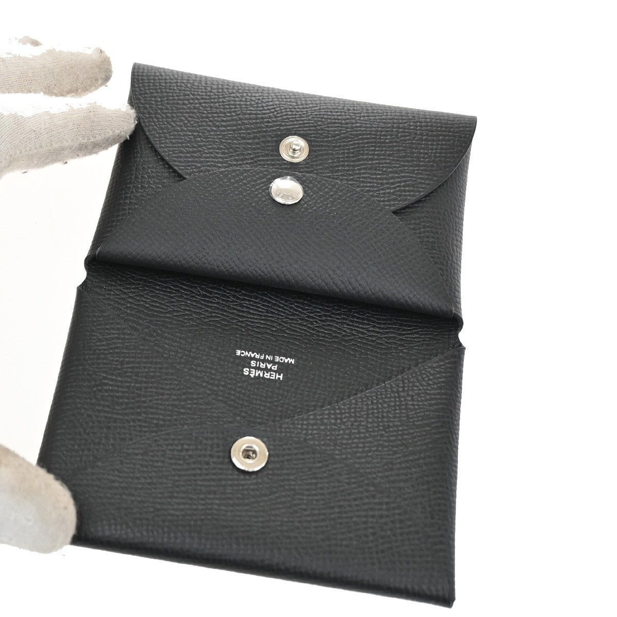 HERMES Logo Calvi Duo Card Holder Coin Case Epsom Leather Black 43LC615