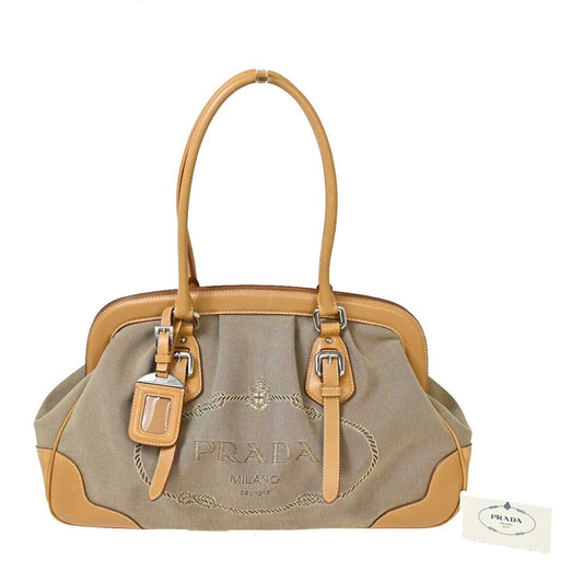 PRADA MILANO Logo Jacquard Shoulder Bag Canvas Leather Brown Silver 16HB913