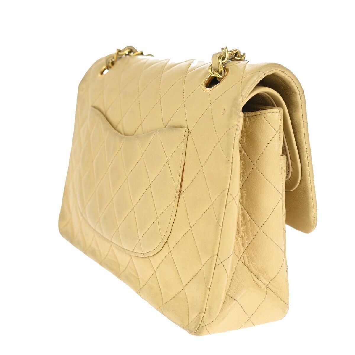 CHANEL CC Matelasse 25 Double Flap Chain Shoulder Bag Leather Beige GHW 381RJ843