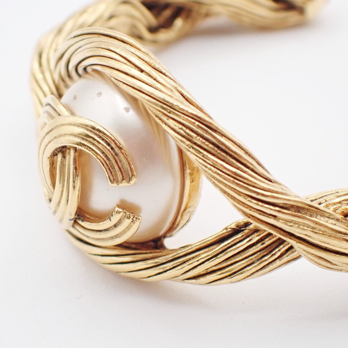 CHANEL CC Logo Imitation Pearl Bangle Bracelet Gold White 94A GHW France 38RL858