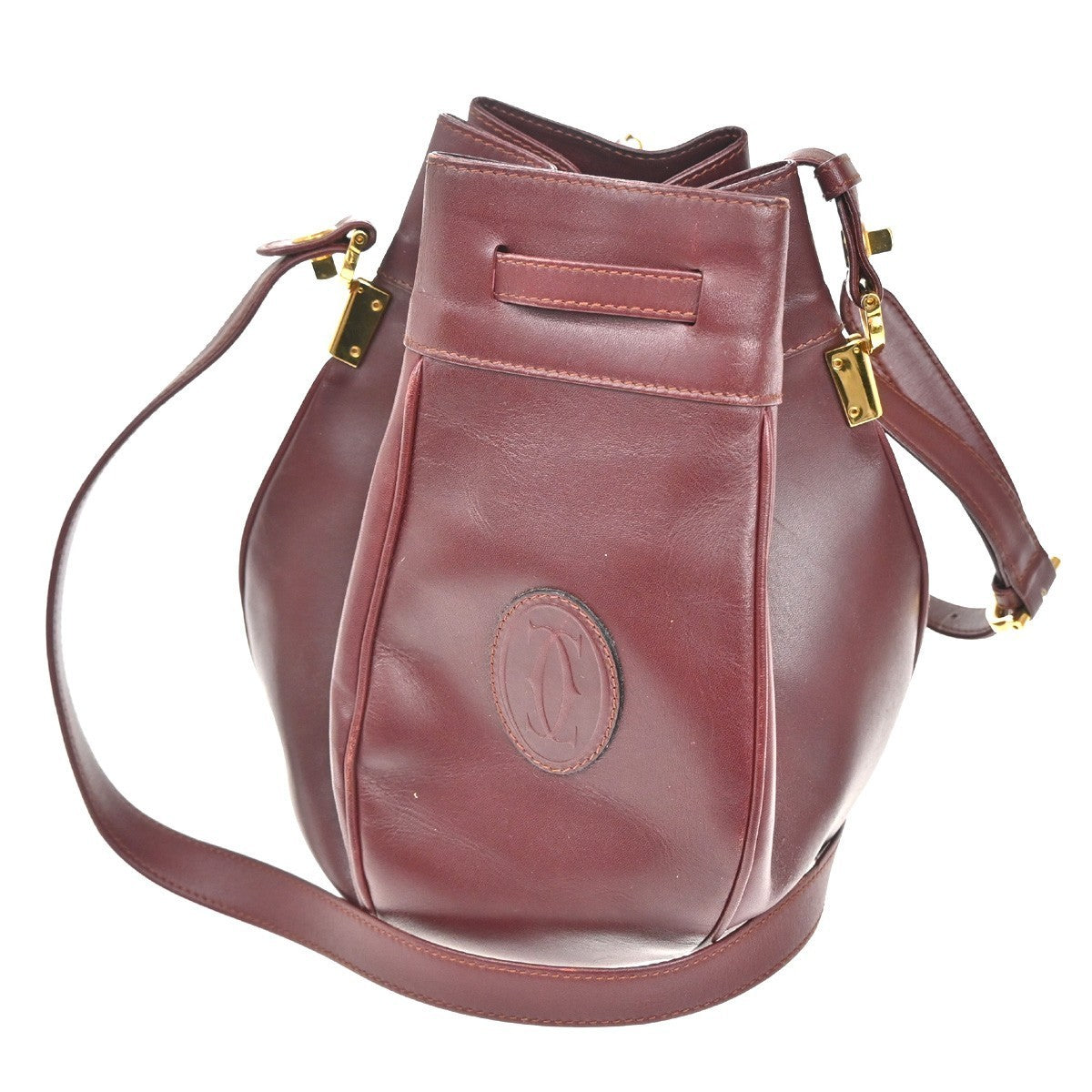 MUST DE CARTIER 2C Logo Drawstring Shoulder Bag Leather Red Gold 67TA426