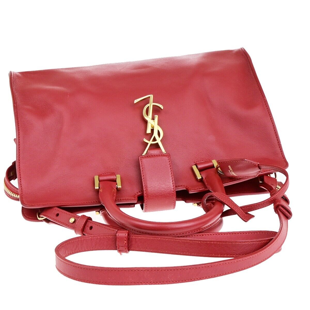 SAINT LAURENT YSL Logo Cabas 2 Way Hand Bag Leather Red GHW Italy 29EC867