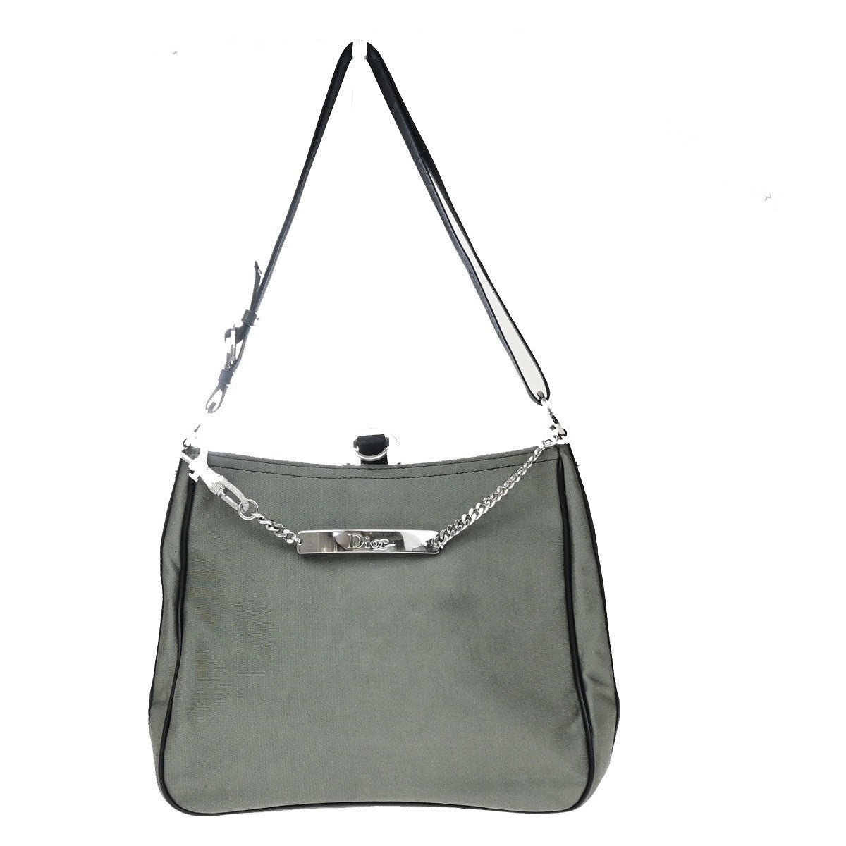 CHRISTIAN DIOR Logo Rhinestone Chain Shoulder Hand Bag Canvas Khaki 98RQ085