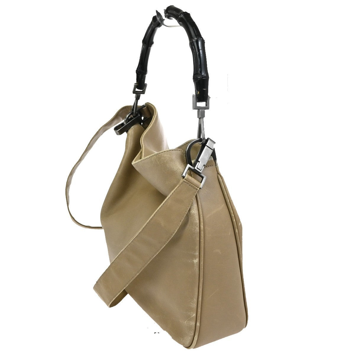 GUCCI Logo Bamboo 2Way Shoulder Hand Bag Leather Beige Italy SHW 68KC961