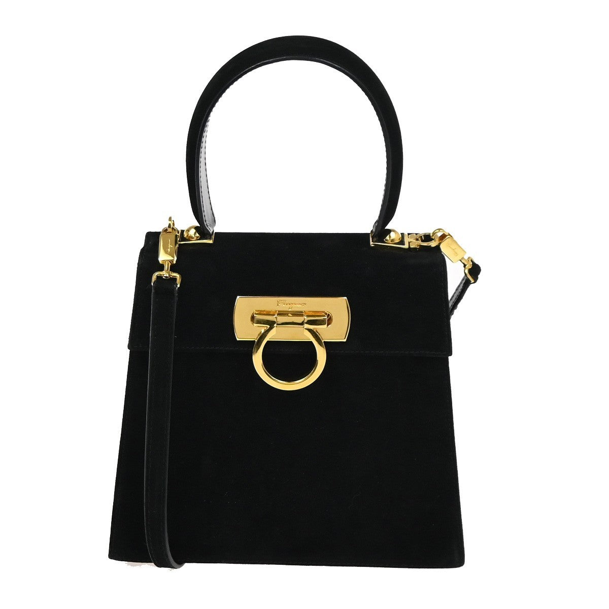 SALVATORE FERRAGAMO Gancini 2Way Shoulder Bag Suede Leather Black GHW 83ZA213