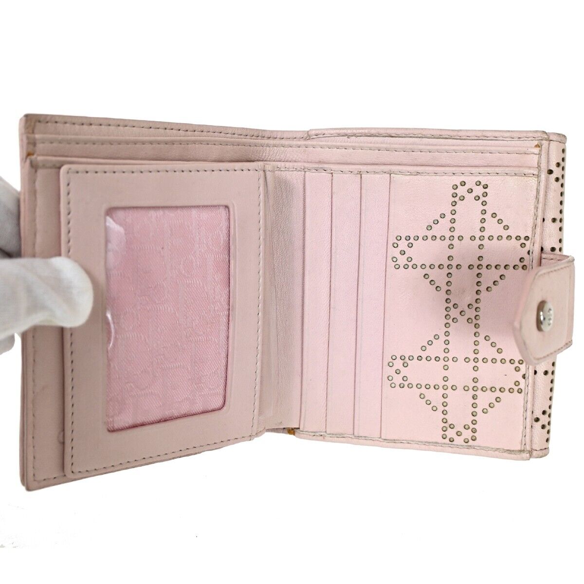 Christian Dior Cannage Bifold Wallet Purse Leather Pink Sliver Italy 07FA106