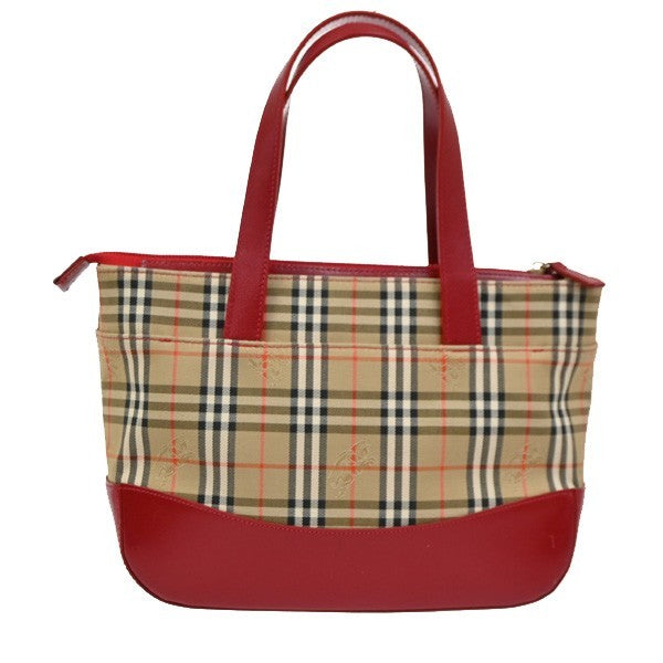BURBERRY Logo Handbag Canvas Leather Beige Red Charm Gold 32RL572