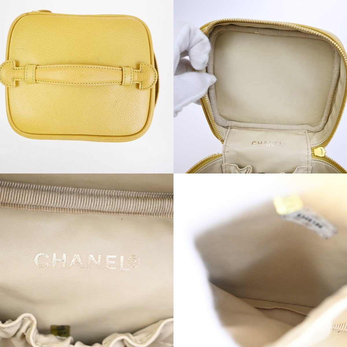CHANEL Vanity Cosmetic Hand Bag Grained Calfskin Leather Yellow Vintage 664RQ061