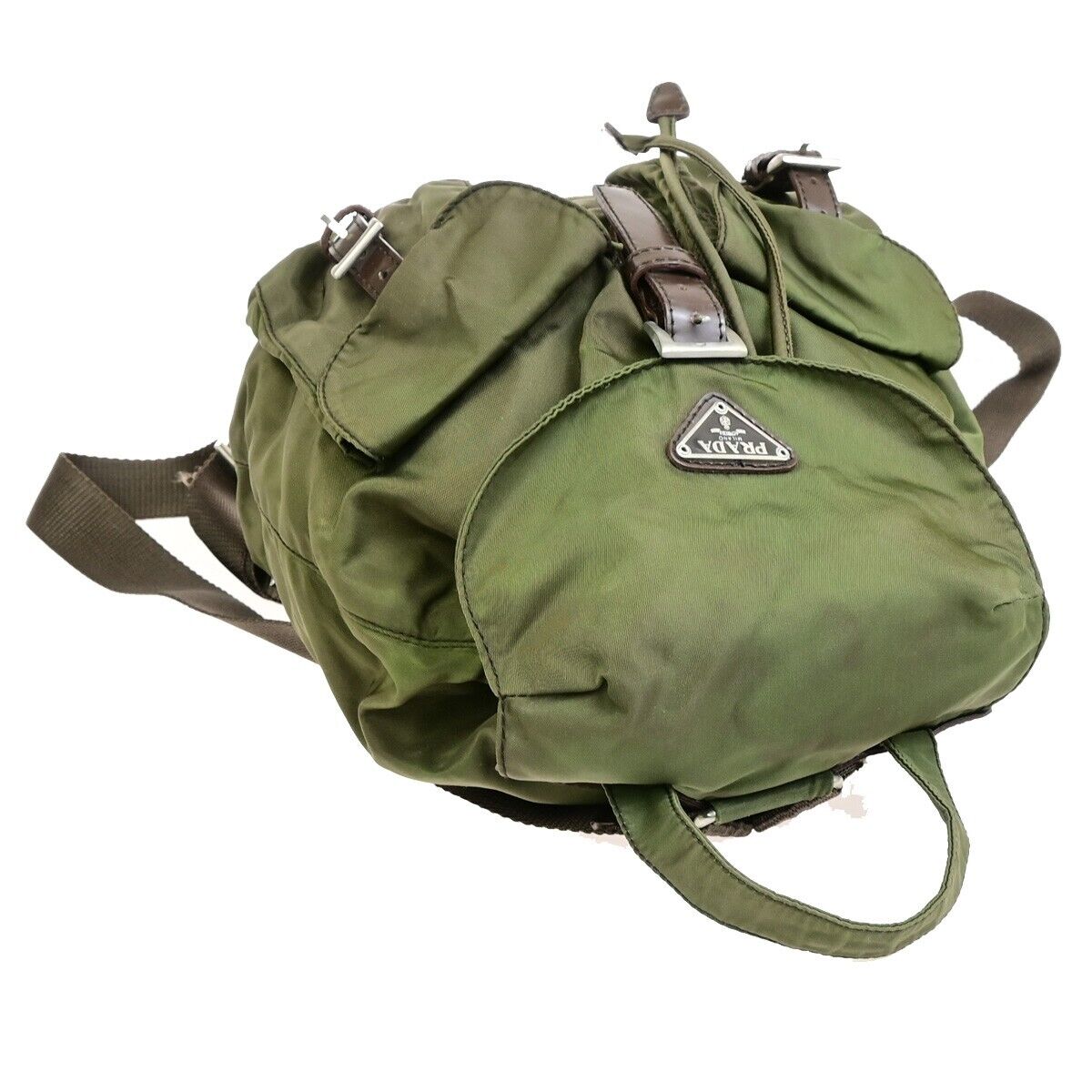 PRADA MILANO Logo Small Backpack Bag Nylon Leather Green Brown Italy 62FB353
