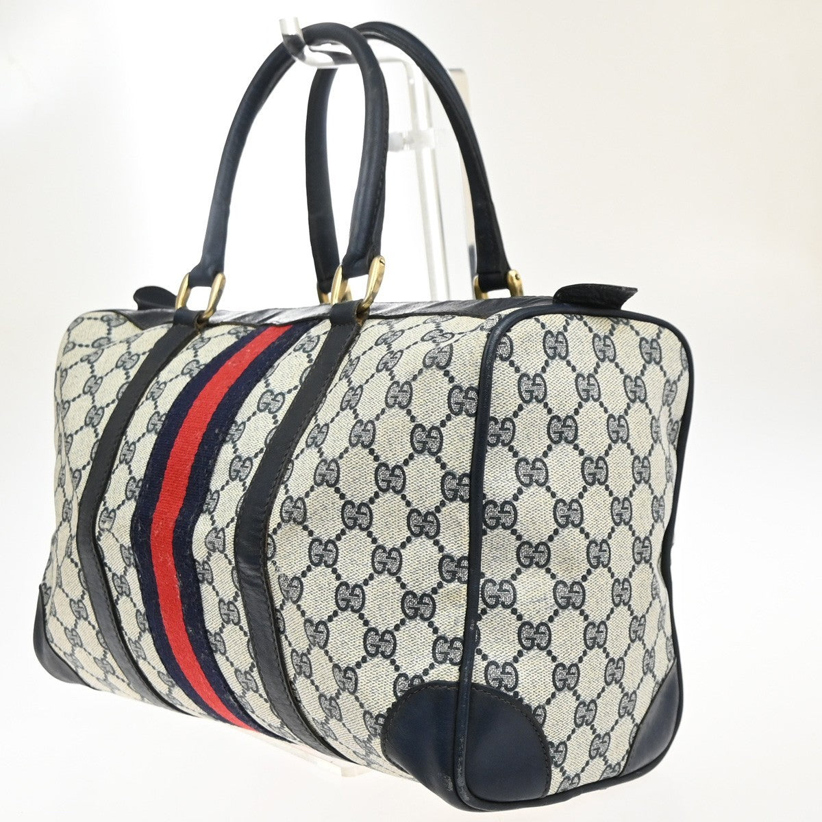 GUCCI Logo GG Pattern Sherry Boston Hand Bag PVC Leather Navy Blue Italy 68MA649