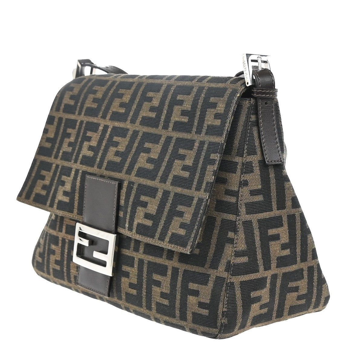 FENDI Logo Mamma Zucca Pattern Shoulder Bag Canvas Leather Brown Italy 46RF693