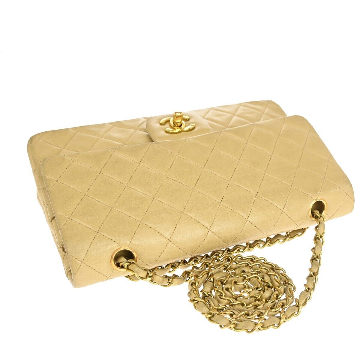 CHANEL CC Matelasse 25 Double Flap Chain Shoulder Bag Leather Beige GHW 381RJ843