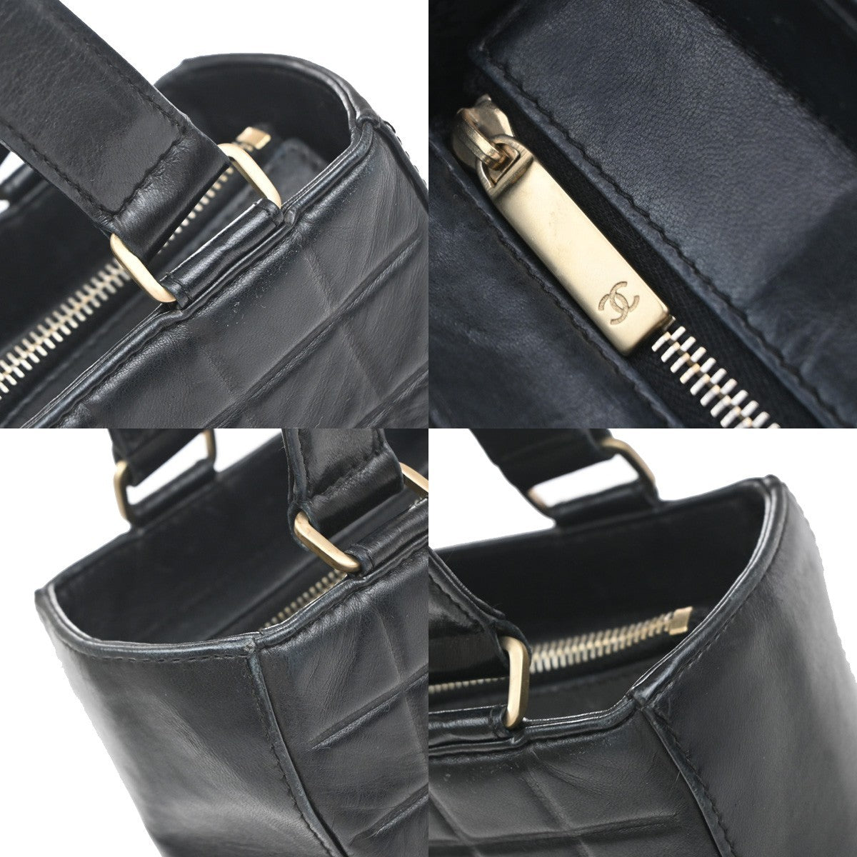CHANEL CC Logo Chocolate Bar Shoulder Tote Bag Leather Black France 686RP167