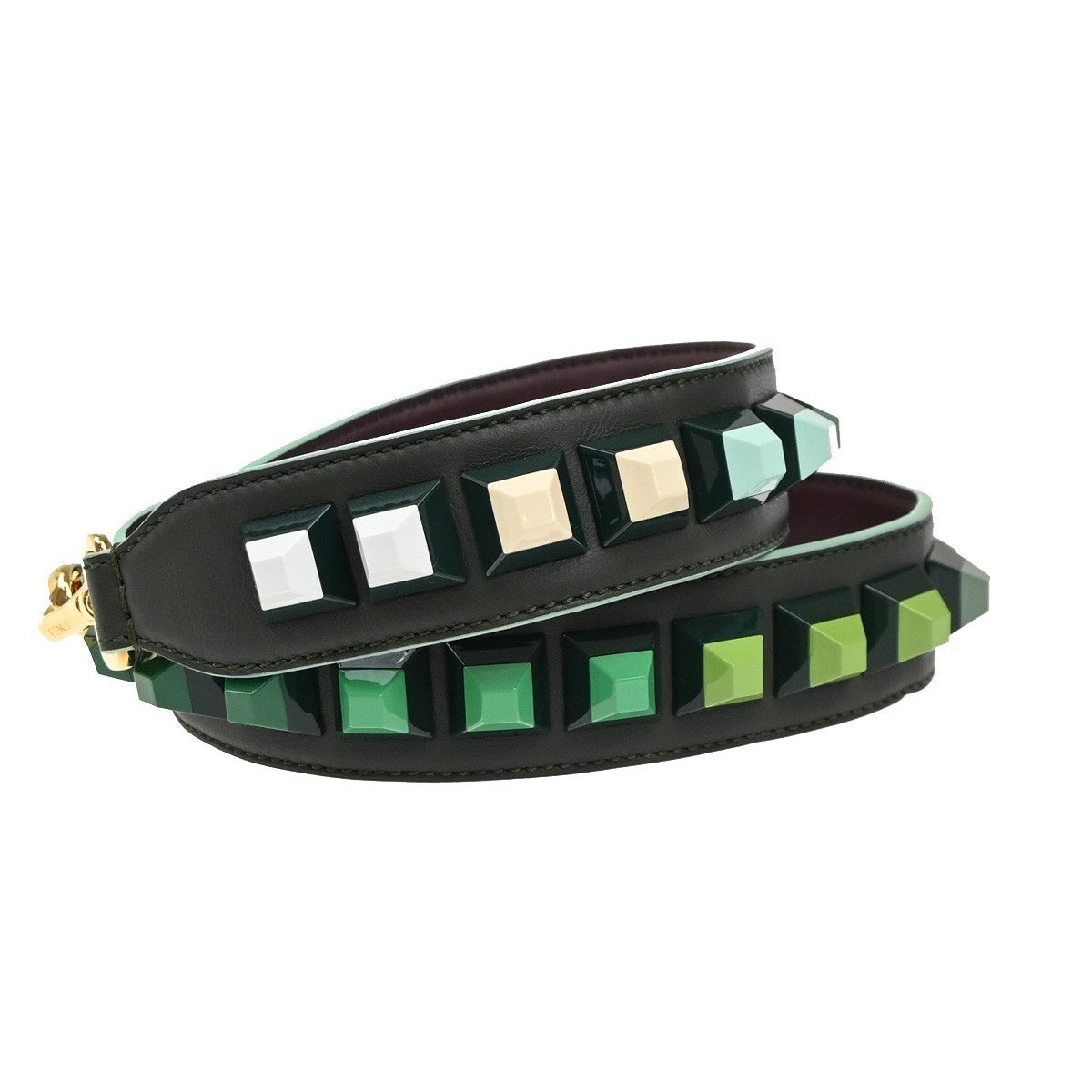 FENDI Logo Studs Bag Shoulder Strap Leather Plastic Green Brown GHW 65KP348