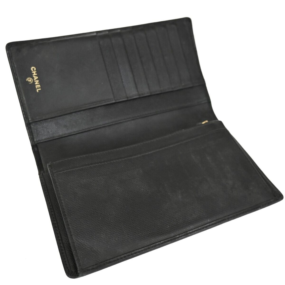 CHANEL CC Logo Long Bifold Wallet Purse Leather Black GHW Made in Spain 60EA118