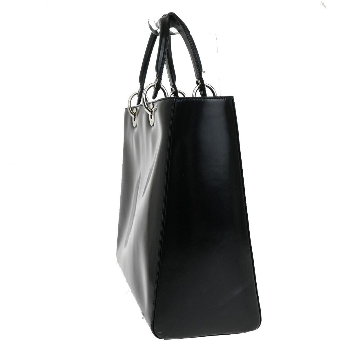 CHRISTIAN DIOR Lady Tote Hand Bag Patent Leather Black Silver Italy 12SH744