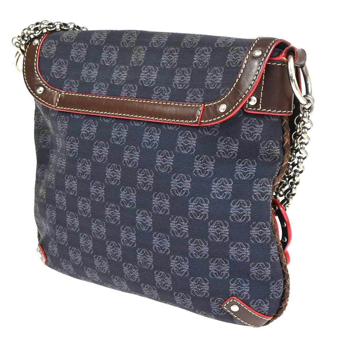 LOEWE Logo Anagram Studded Flap Shoulder Bag Canvas Leather Navy SHW 35CA788