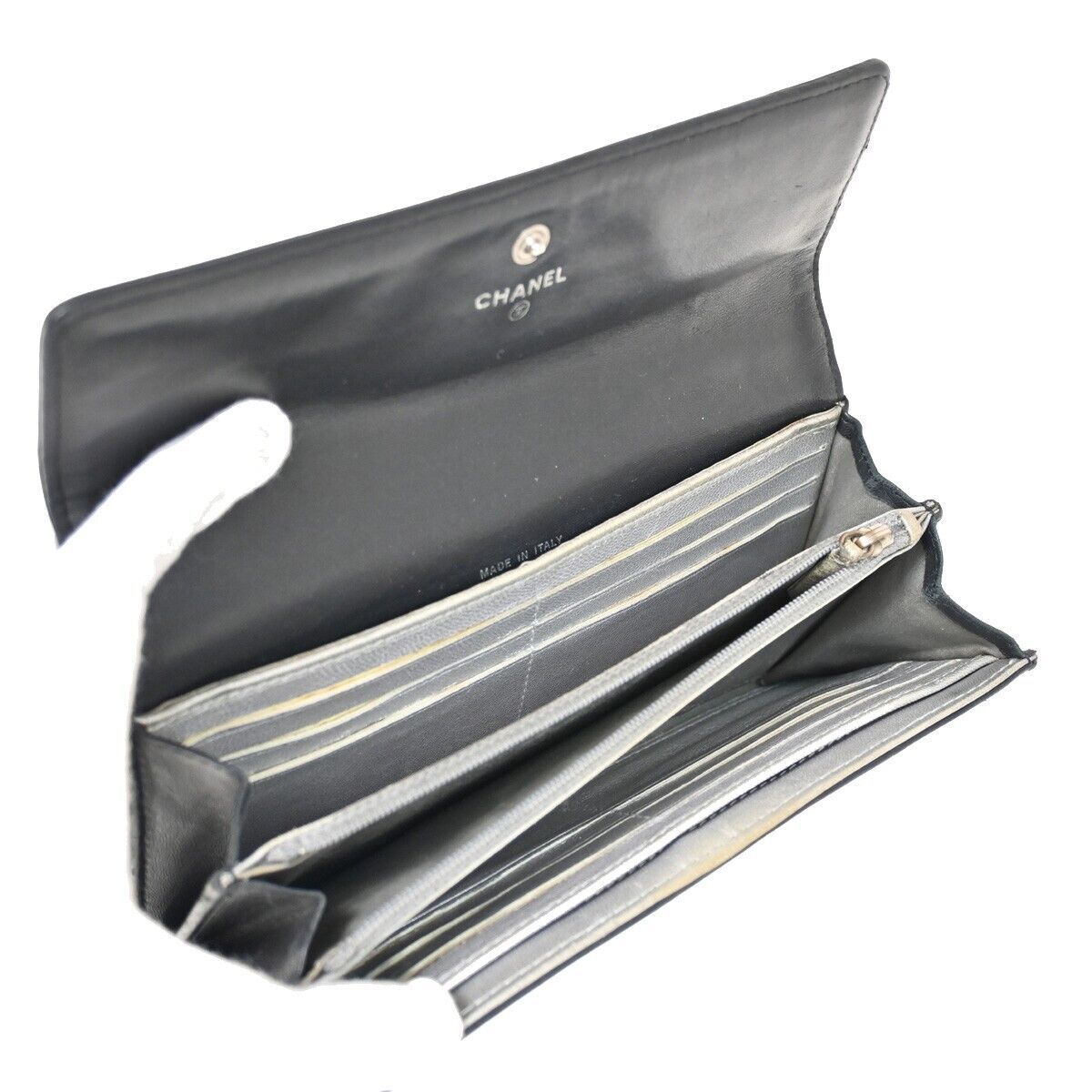 CHANEL CC Logo Camellia Long Bifold Wallet Purse Leather Black Italy 36FA430